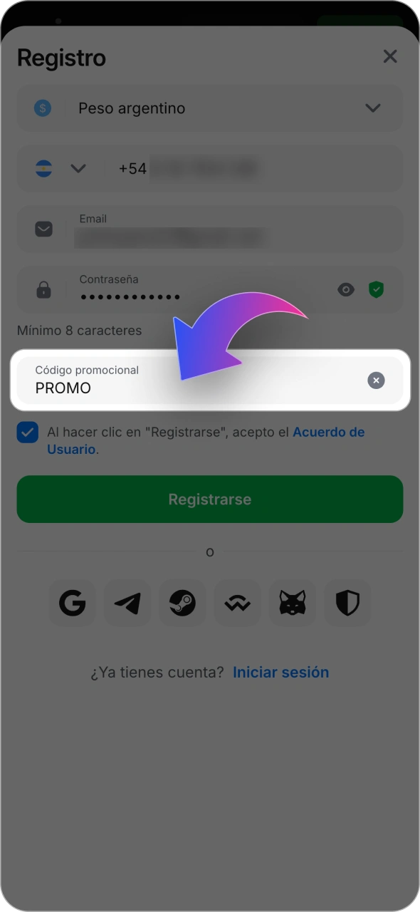 Introduce un código promocional para activar el bono de bienvenida de 1win.