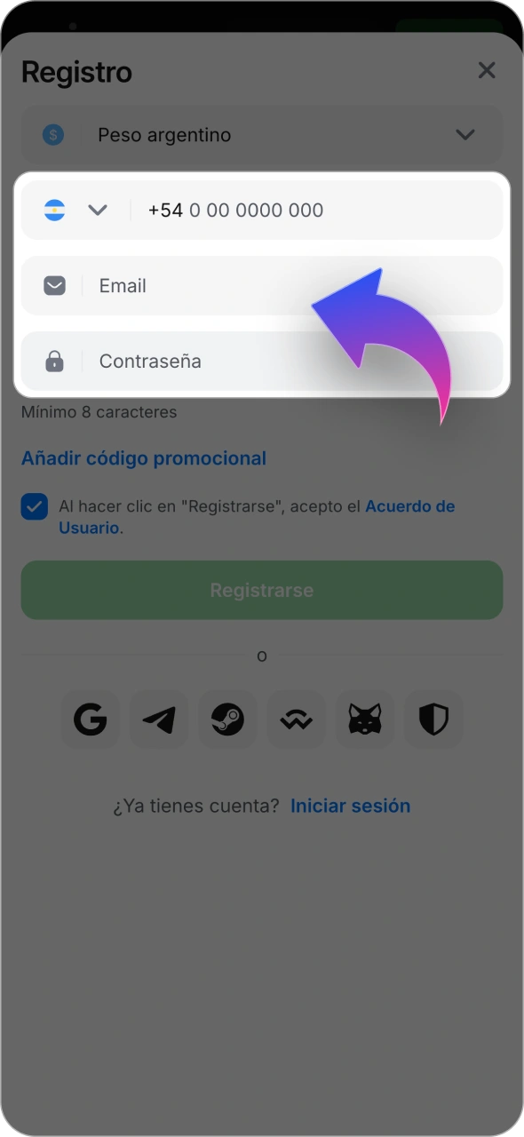 Completa el formulario de registro de 1win con tus datos personales.
