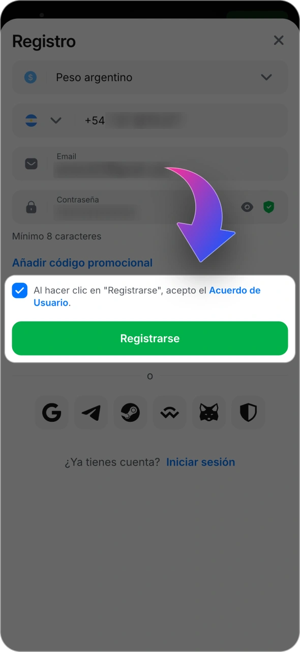Acepta los términos de 1win y completa el proceso de registro.