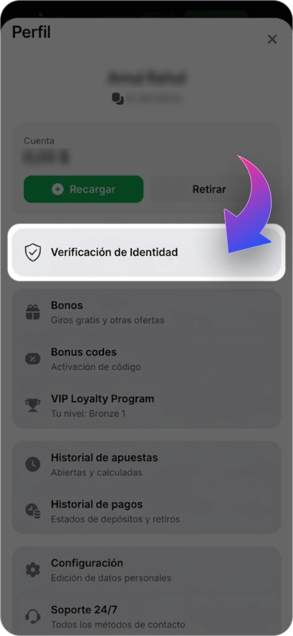 Accede a la sección de verificación en tu perfil de 1win.