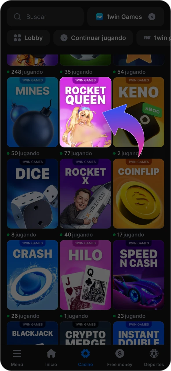 Busca el juego Rocket Queen en la sección de casino de 1win.