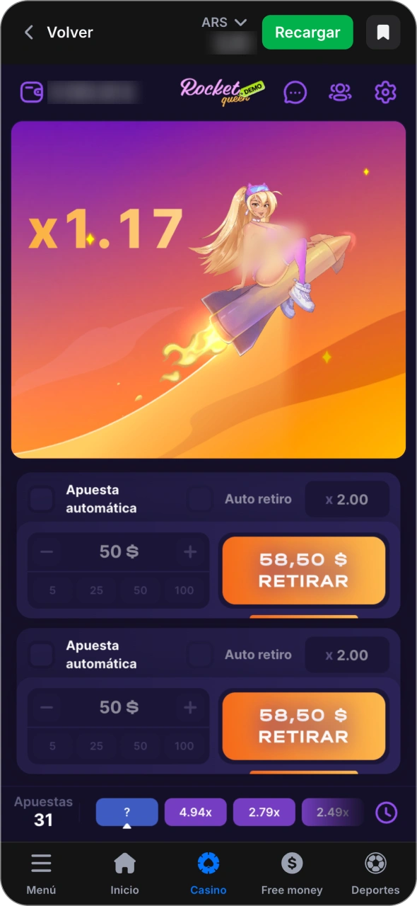 Haz tus apuestas y empieza a jugar al juego Rocket Queen de 1win.