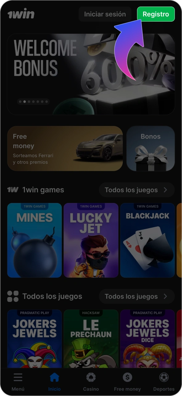 Pulsa el botón para iniciar el proceso de creación de tu cuenta de 1win.
