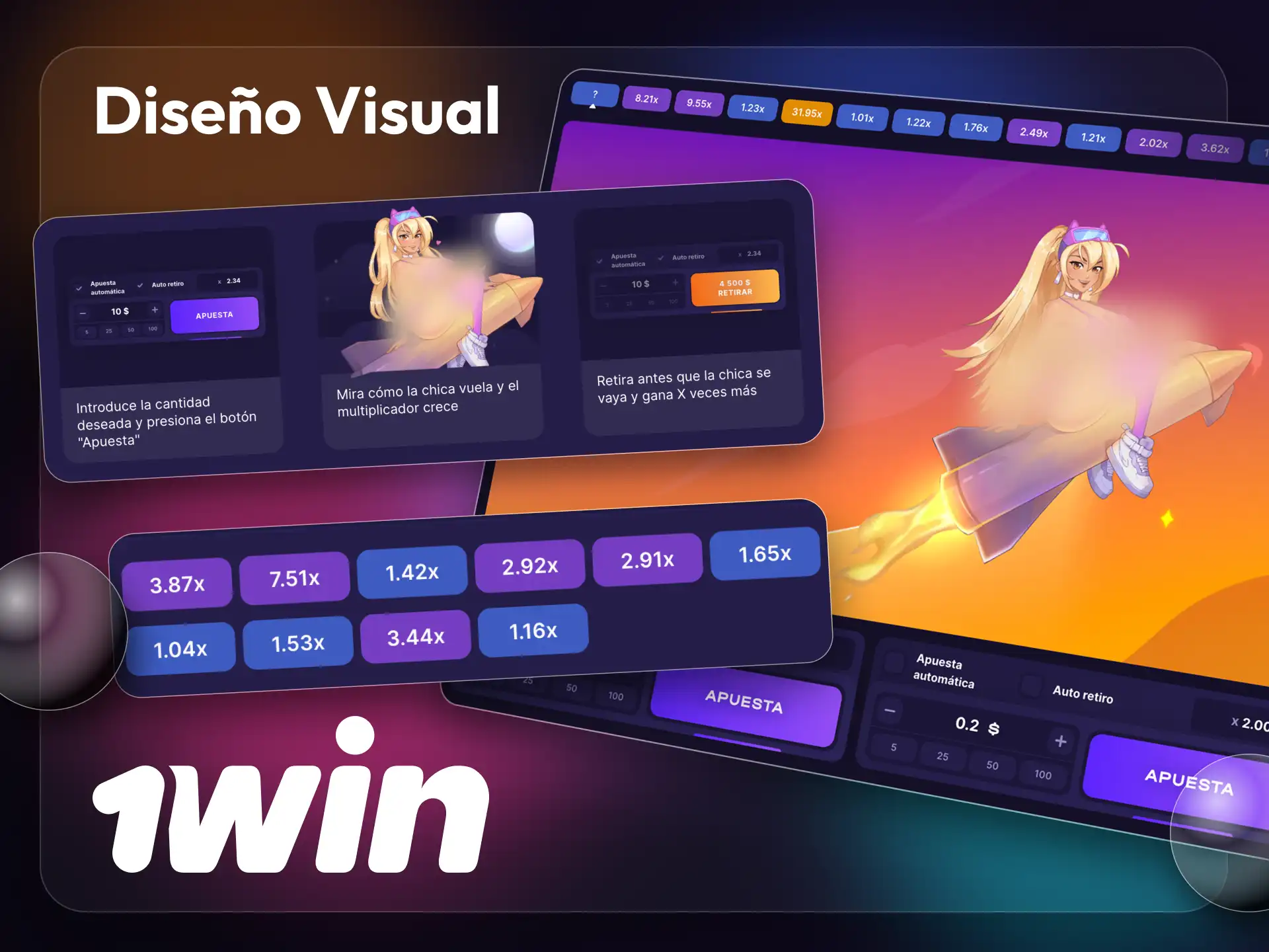 Descubre la interfaz del juego Rocket Queen en la plataforma 1win.