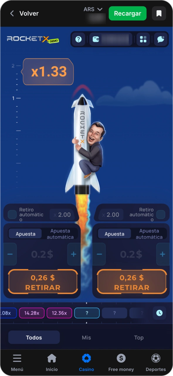 Introduce el importe de tu apuesta y empieza a jugar al juego 1win Rocket X.
