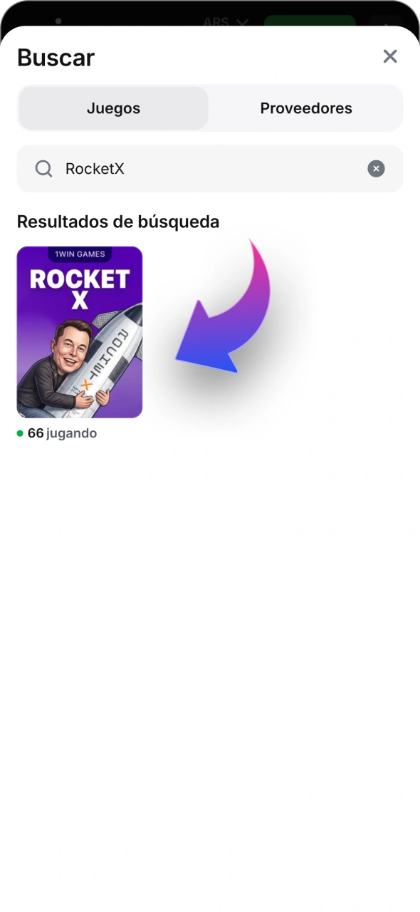 Busca el juego 1win Rocket X en la barra de búsqueda.