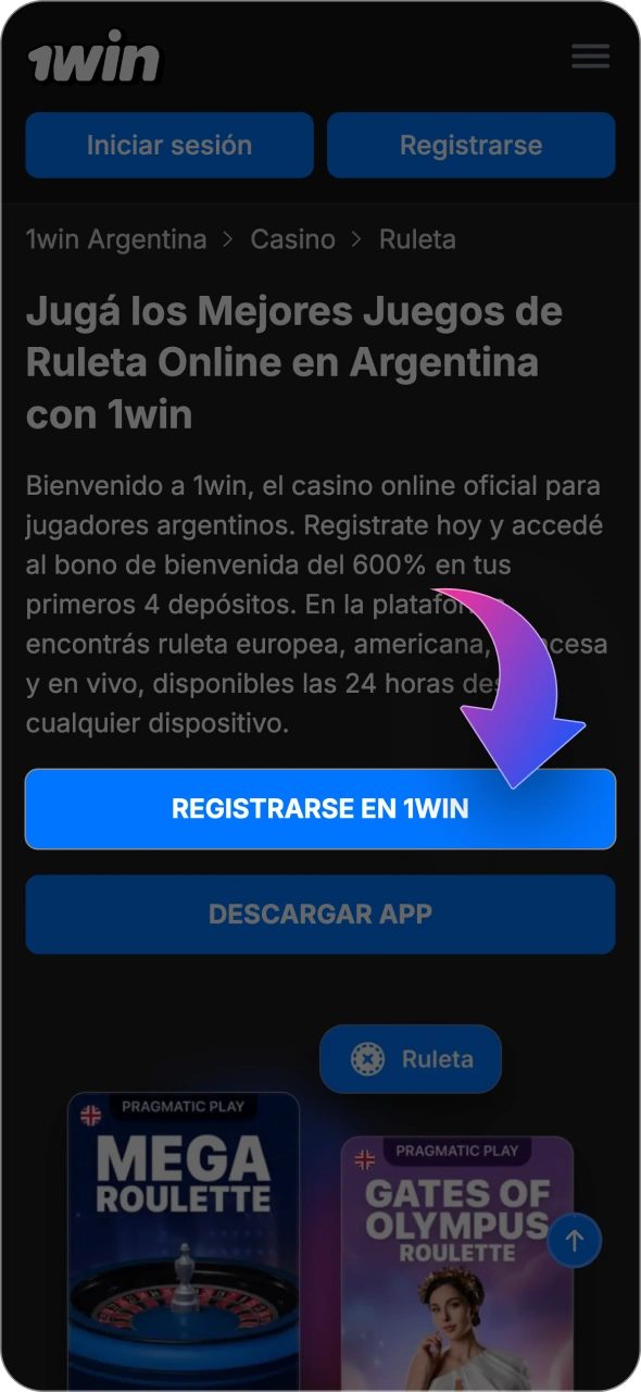 Haz clic en el botón de la plataforma 1win para iniciar el registro.