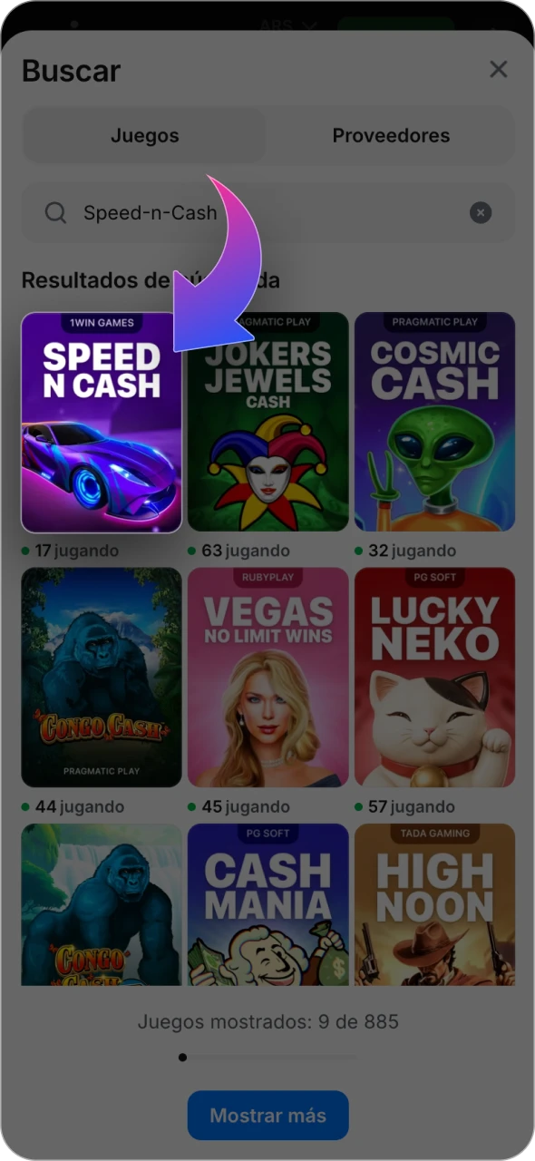 Haz clic en la barra de búsqueda de 1win para encontrar el juego Speed-n-Cash.