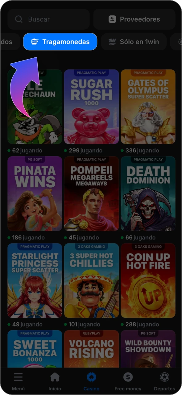Explora la sección de tragamonedas en la plataforma de casino en línea 1win.